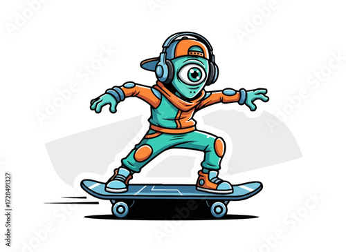 Cartoon alien skateboarding
