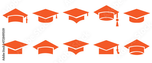 Graduation Cap Icon Set – Academic Hat and Diploma Symbols in Flat, Outline, and Glyph Styles 