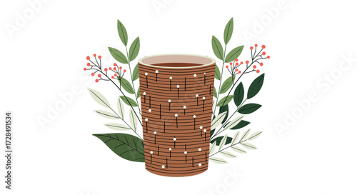 Handwoven cylindrical basket with delicate floral and leaf accents suggesting natural beauty and artisanal craftsmanship.
