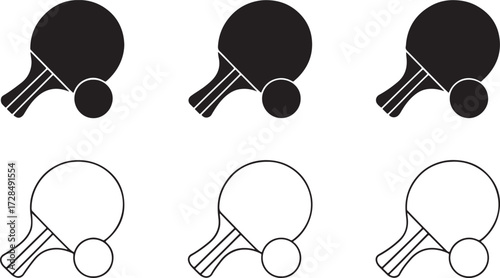 Table tennis paddle and ball icon set – solid and outline style sports symbols for web, app, print, and graphic design.