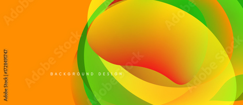 Abstract fluid shapes blend vibrant orange, yellow, green hues. Dynamic composition creates modern background design. Smooth gradients offer visual interest.