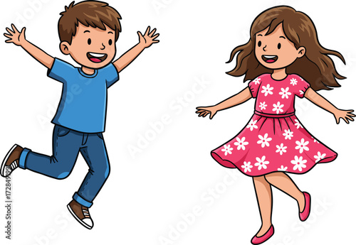 Cartoon children jumping with joyful expressions, colorful outfits, energetic poses, playful movement, and cheerful mood on white background for kids content.