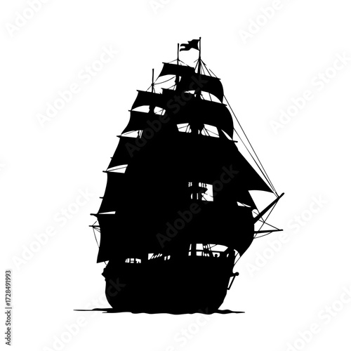 Silhouette Detailed Sailing Ship on White Background Illustration for Design