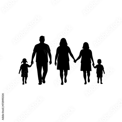 Simple Silhouette Family with Two Children Walking Together Illustration