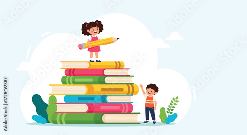 Children learning and playing with books and school supplies.