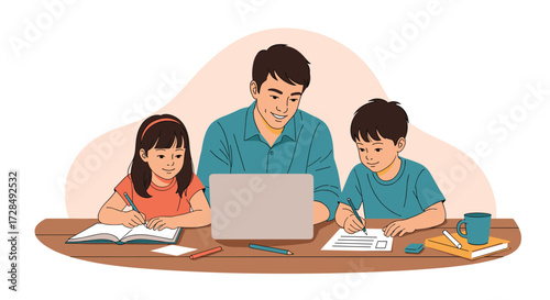 Father helping his two young children with their homework assignments.
