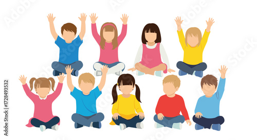 A diverse group of happy children with their hands raised in excitement during a classroom activity.