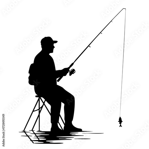 Minimalist Silhouette Fisherman Sitting on Stool Outdoor Recreational Activity Illustration