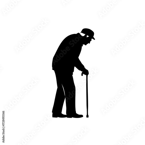 Silhouette Simple Illustration Elderly Man Walking with Cane Character