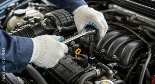 Mechanic's Hands Tightening Bolt on Car Engine with Socket Wrench