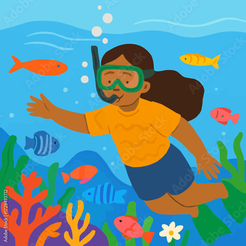 A flat vector illustration of a girl snorkeling in a vibrant coral reef