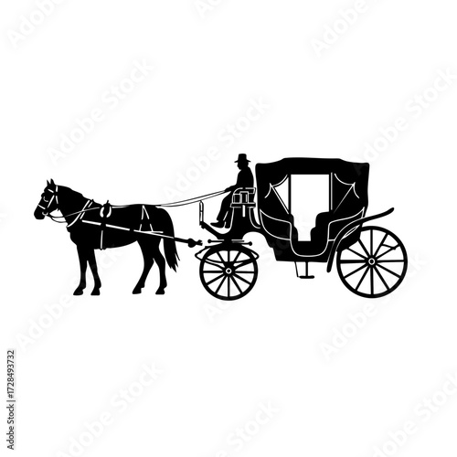 Silhouette Elegant Horse Carriage with Driver and Wheel Shape Illustration