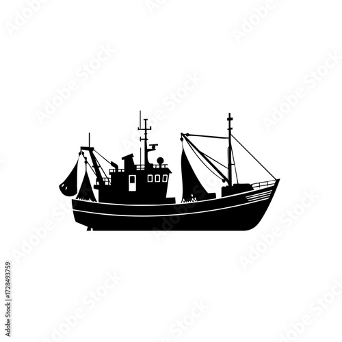 Silhouette Detailed Fishing Boat Vessel Transportation Watercraft Illustration