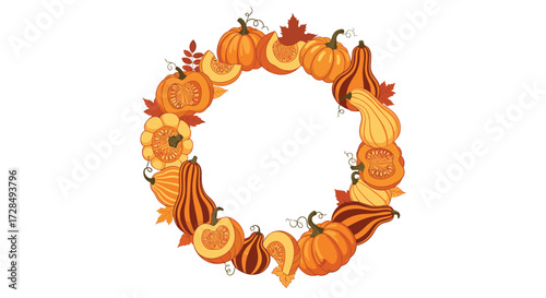 A charming autumnal circular arrangement featuring various pumpkins and gourds adorned with fall leaves.