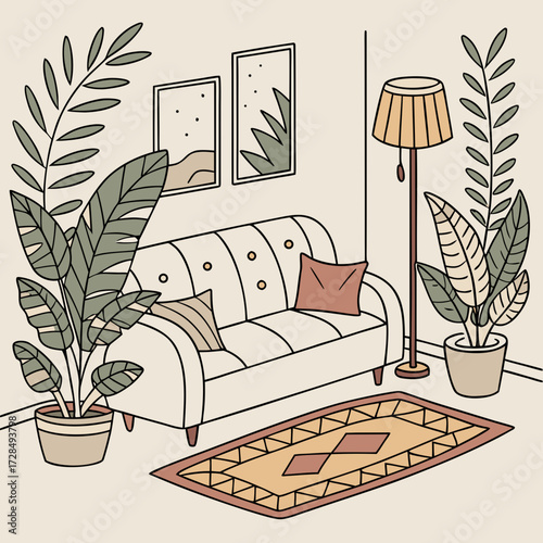 A cozy living room corner with a sofa, plants, lamp, and rug illustration