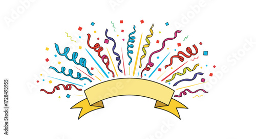 A burst of colorful confetti and streamers adorns a festive celebration banner.