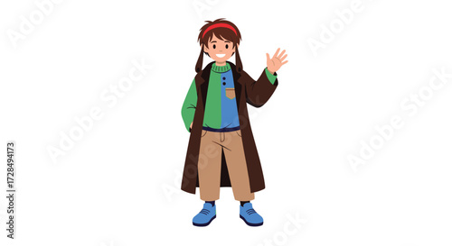 A young person wearing a stylish outfit with braided hair and a warm coat waving hello.