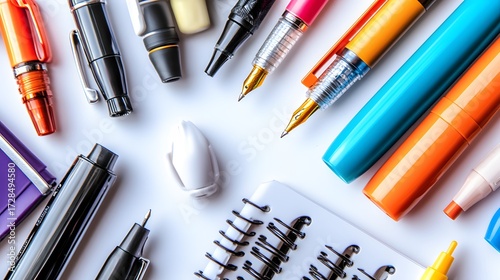Colorful Pens Markers Notepads Flatlay Stationery