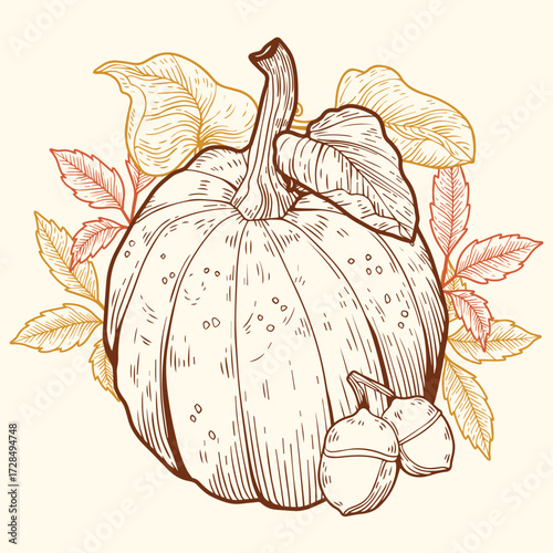 Detailed Hand Sketched Pumpkin with Leaves and Branches for Harvest Decor