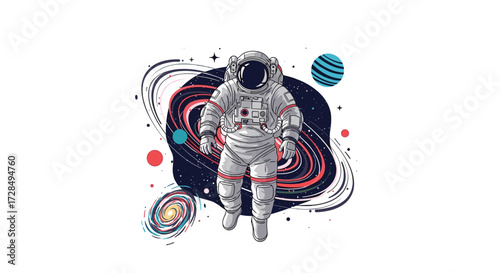 An astronaut is floating in deep space surrounded by swirling galaxies and planets.