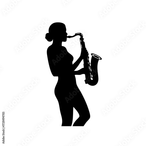 Silhouette Elegant Woman Playing Saxophone Musical Instrument Graphic Illustration