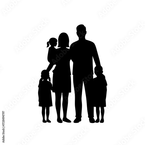 Silhouette Family with Three Children Icon Isolated on White Background