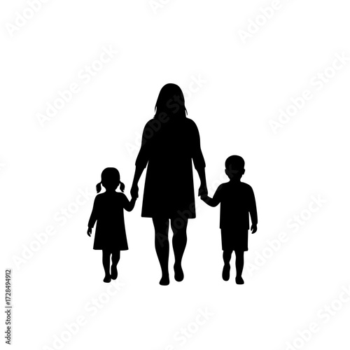 Minimalist Silhouette Illustration Mother Walking with Daughter and Son Graphic