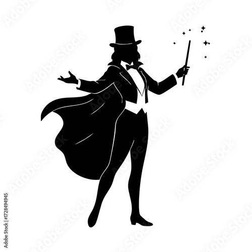 Elegant Silhouette Magician Lady with Sparkle Wand Performing Trick Illustration