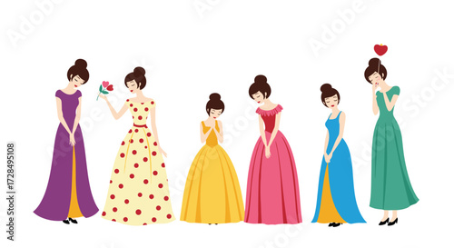 Beautiful princesses dressed in elegant gowns display various emotions and gestures. One receives a flower while another looks on with a heart above her head.