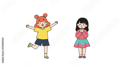 Two cute cartoon girls are happily playing together in a white background.