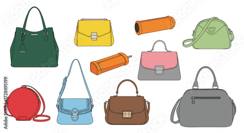 A collection of colorful handbags and accessories displayed against a white background.