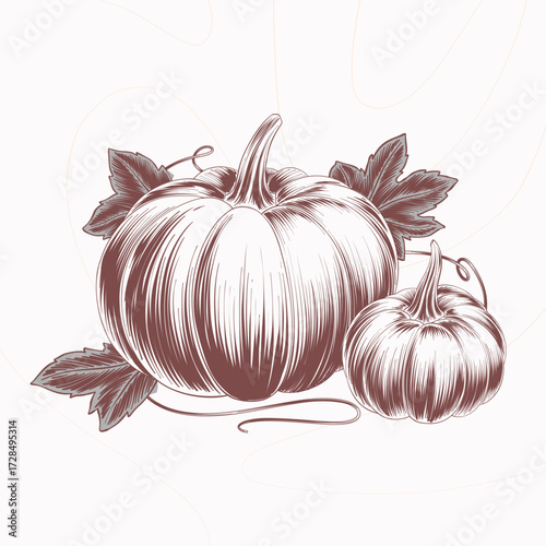 Vintage Hand Drawn Illustration of Pumpkins for Fall and Thanksgiving Decor