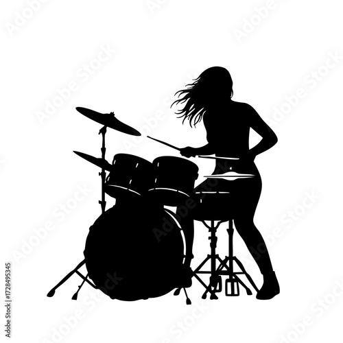 Silhouette Energetic Female Drummer Performing with Full Drum Set on Stage