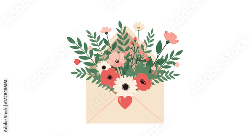 Beautiful spring flowers bursting out of an envelope with a heart embellishment.