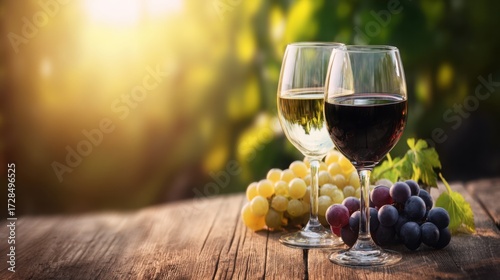 vineyard. Glasses of red and white wine with ripe grapes on a wooden table in a rustic vineyard setting. bar promotions, beverage menus, designed for food & beverage menus and cafe branding.