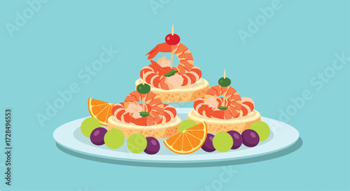 Elegant seafood appetizers with shrimp oranges and grapes on a platter.