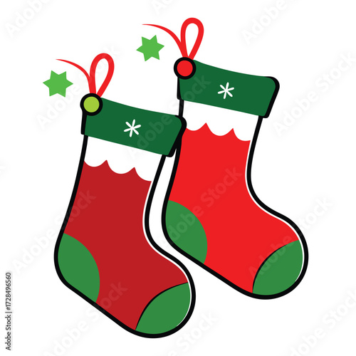 Pair of Christmas Stockings in Red and Green Hanging for Winter Holidays