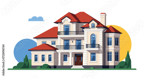 Luxurious two story family home with balconies and manicured gardens.