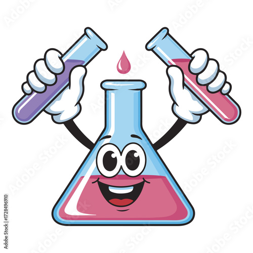 The glass chemistry laboratory equipment vector illustration features isolated blue liquid in a test tube, flask, and beaker for science research