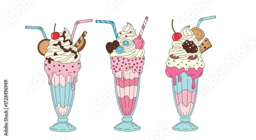 Three colorful ice cream sundaes with whipped cream and cherries on top.