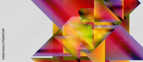 Abstract geometric composition. Vivid colors blend, creating dynamic shapes. Brightness contrasts with dark background. Modern design elements present.