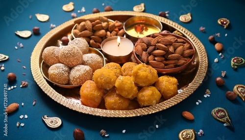 Diwali plate with sweets, dry fruits, diyas 6