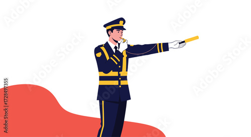 Traffic police officer directing vehicles with a baton and whistling signals.