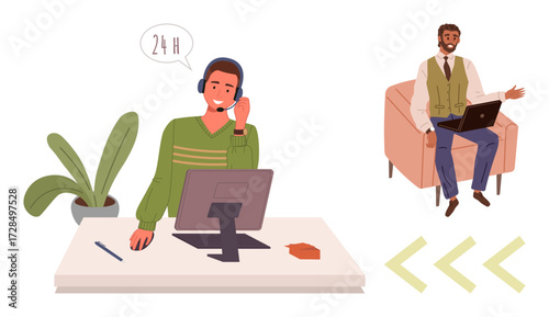 Customer support worker at desk using headset, with client sitting nearby using laptop for discussion. Ideal for service, communication, business, collaboration, consulting, support, problem-solving