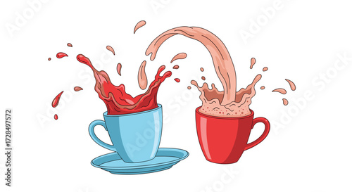 Two colorful cups of coffee splashing into each other.