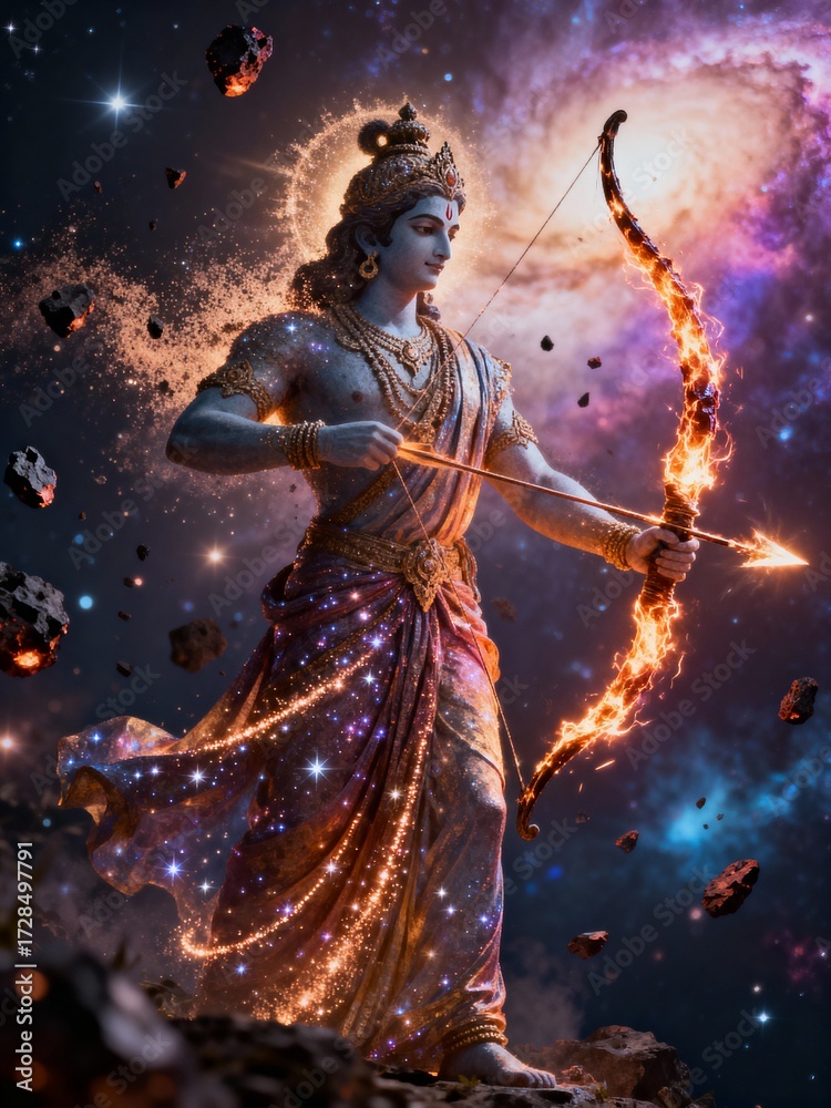Naklejka premium Lord rama aiming his fiery arrow in a cosmic, starry background with glowing particles