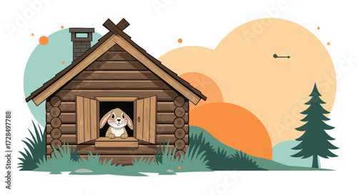 A cute dog peeks out of a wooden cabin on a sunny day.