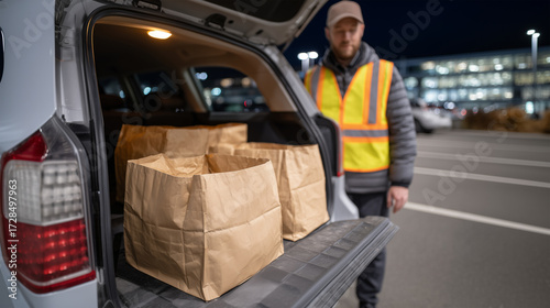 Volunteer assisting with paper bag food donations in car trunk