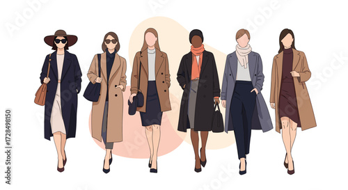 Six stylish women walk down the street wearing fashionable outerwear.