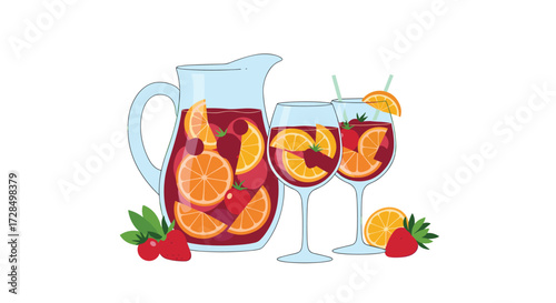 A refreshing pitcher of sangria with sliced oranges and strawberries alongside two glasses of the fruity beverage.